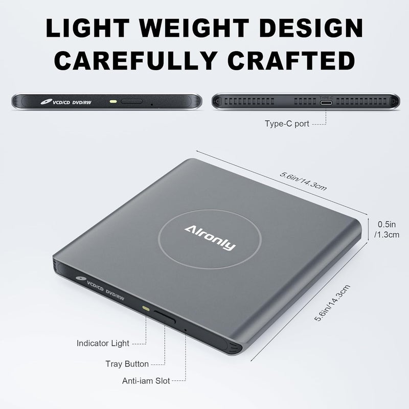 Alronly External CD/DVD Drive for Laptop/PC, USB 3.0 Type-C USB Portable Alloy Player for Computer CD DVD +/-RW Disk Drive CD Burner Writer Reader Compatible with Desktop Windows Apple Linux (F03) - Image 3